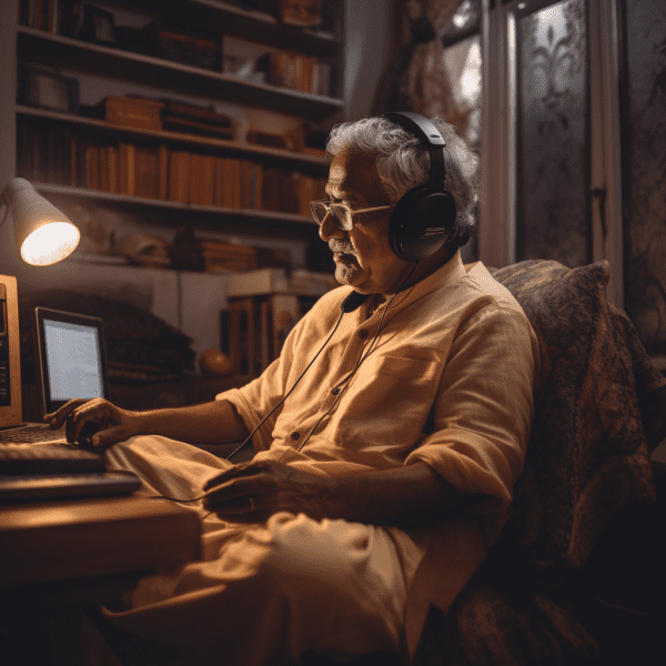 An old man listening to music on headphones sitting on a chair with a lamp throwing light on him
