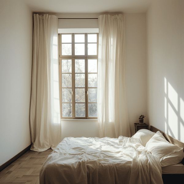an empty bed in a white room with windows wide open for light
