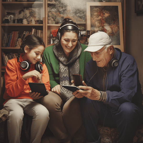An old man listens to music along with his daughter and granddaughter as they all enjoy the music and each other's company