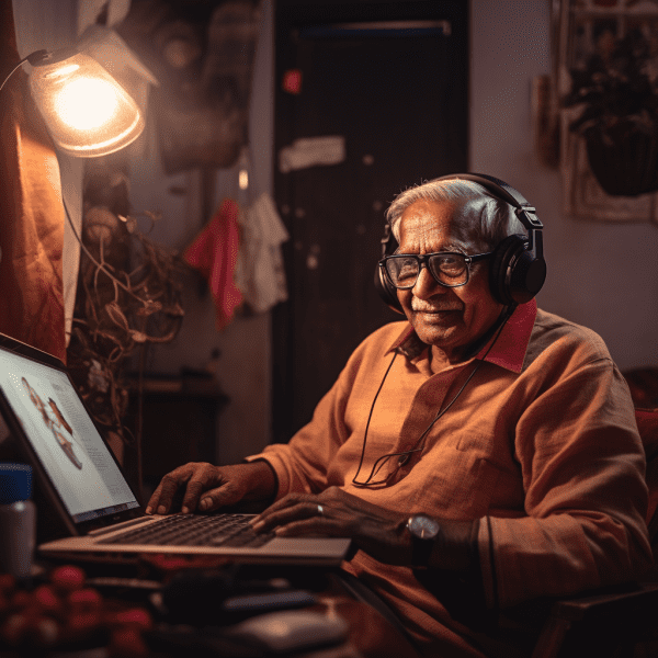 An old man listens to music on a laptop with headphones in a room with light