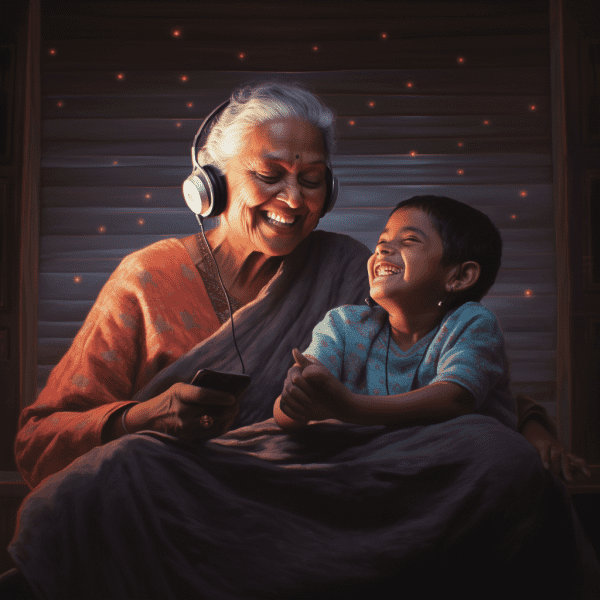 An old woman listening to music with her grandchild on headphones while laughing and enjoying together