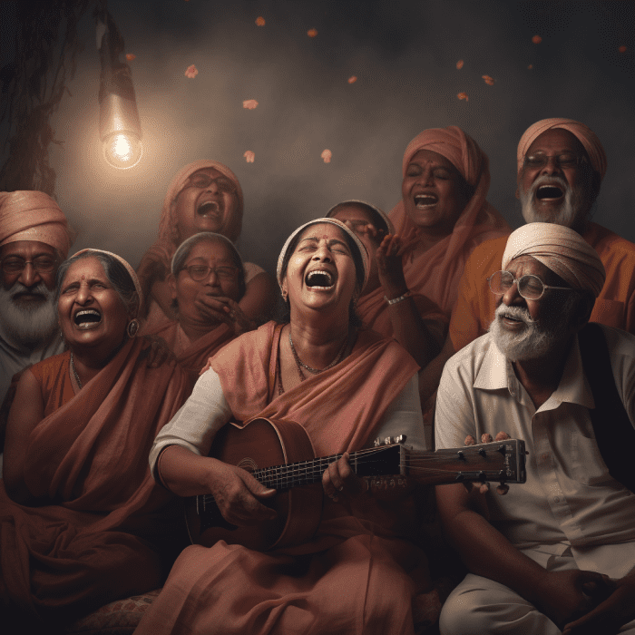 A group of old men and women of India are playing music together while laughing and singing together in a room