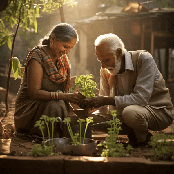 An old man and an old woman take up gardening as a hobby and are having a fun time doing it together, laughing