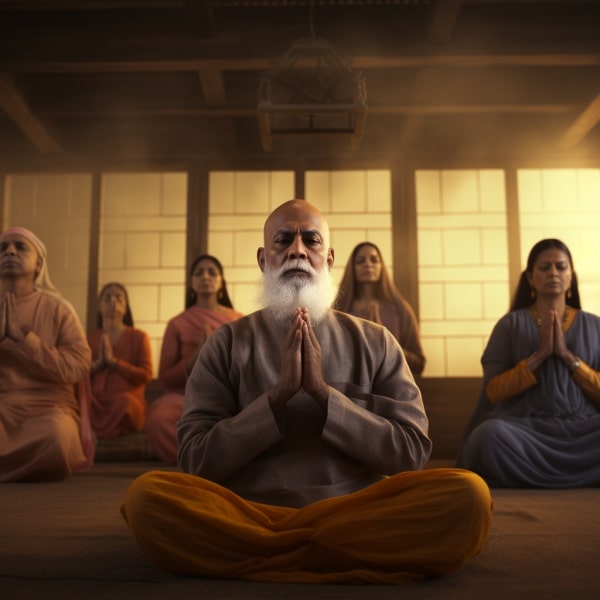 A group of elders practicing meditation in a closed room