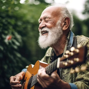 An elderly man singing and enjoying while playing the guitar