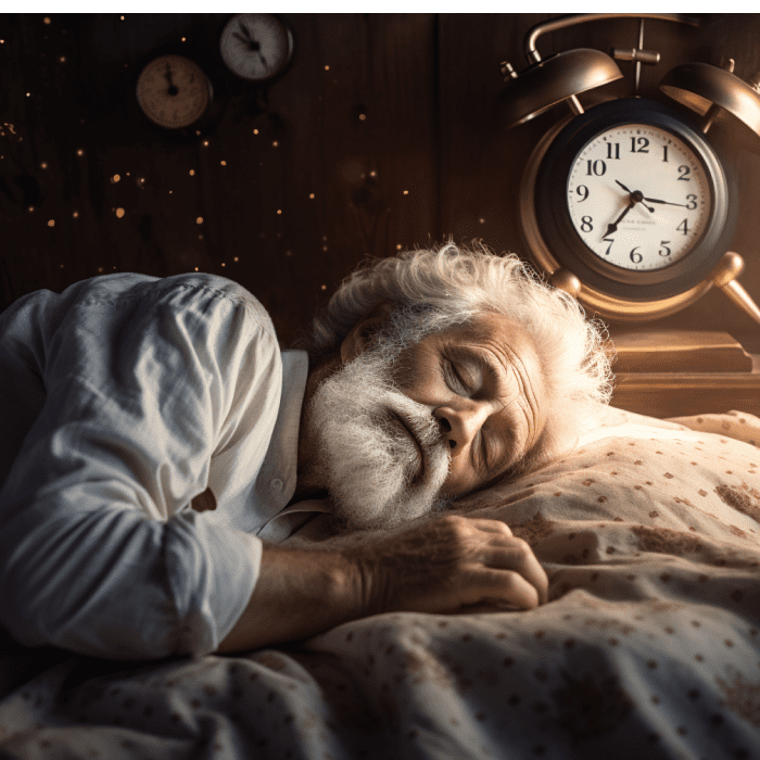 An old man sleeping peacefully on a comfortable white bed with many clocks behind him