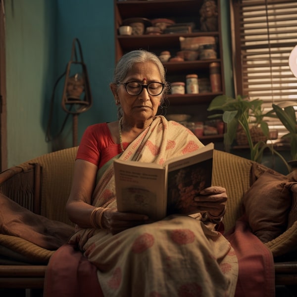 an old woman reading a book sitting on a sofa in her room